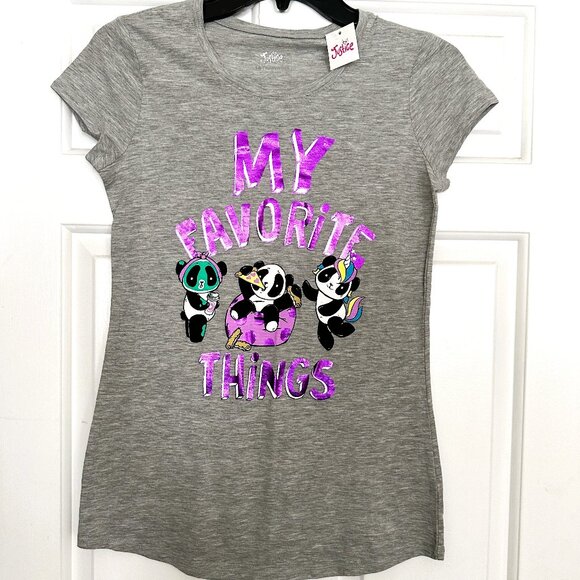 NWT Girls Justice Gray Short‎ Sleeve Top with Panda Bears - Picture 1 of 4